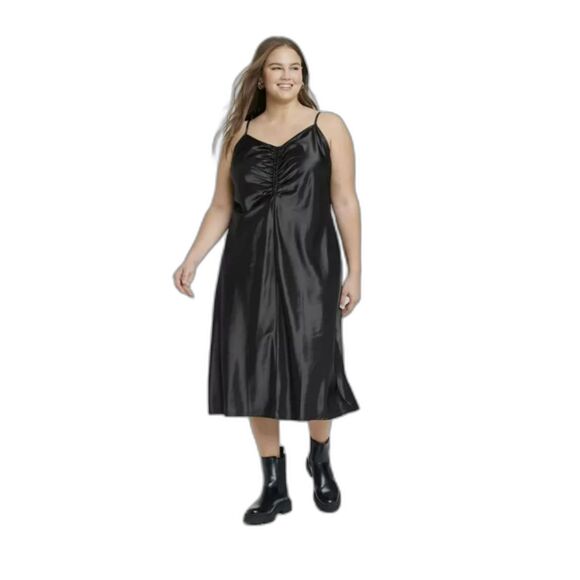 11 Women's A New Day Black Spaghetti Straps Midi Satin Ruched Slip Dress - Picture 3 of 5